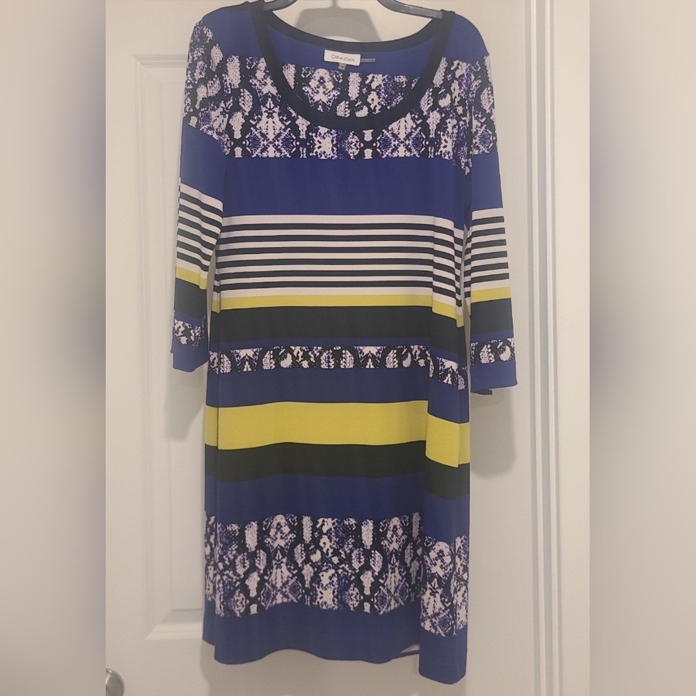 Calvin Klein Dress Slinky Jersey Bold Bright Stripe Multi 3/4 Sleeve